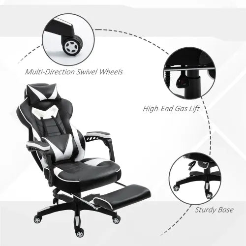 Gaming Chair Ergonomic Reclining w/ Manual Footrest Wheels Stylish Office White - Samanta Factory