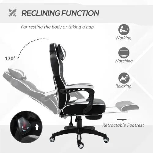 Gaming Chair Ergonomic Reclining w/ Manual Footrest Wheels Stylish Office White - Samanta Factory