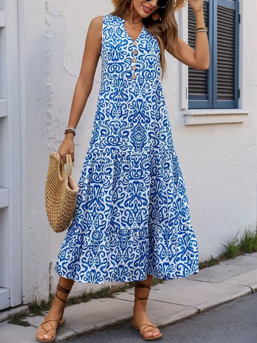 Sleeveless printed viscose midi dress with decorative buttons and notched neckline