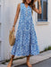 Sleeveless printed viscose midi dress with decorative buttons and notched neckline