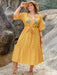 Yellow plus size midi dress with notched neckline and ruffle sleeves