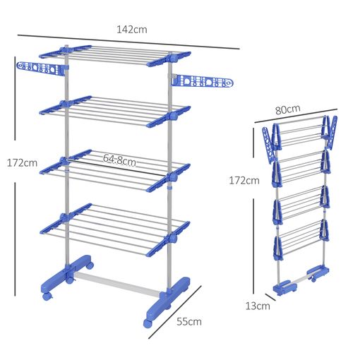 HOMCOM 4-Tier Large Clothes Airer Stainless Steel Clothes Drying Rack Blue - Samanta Factory