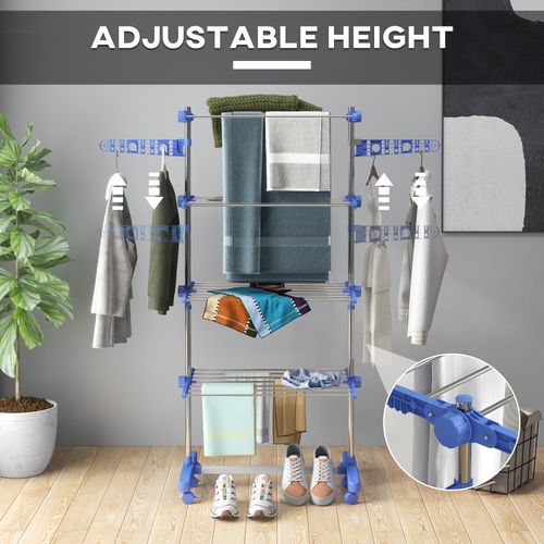 HOMCOM 4-Tier Large Clothes Airer Stainless Steel Clothes Drying Rack Blue - Samanta Factory
