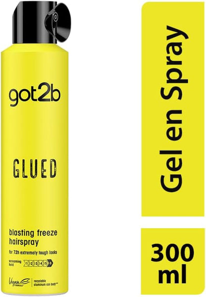 Glued Hairspray, Blasting Freeze Spray, Strong Hold Hairspray for up to 72 Hours, Vegan, Silicone Free, 300 Ml