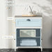 White bathroom storage cabinet with drawer, adjustable shelf, and wood-effect top