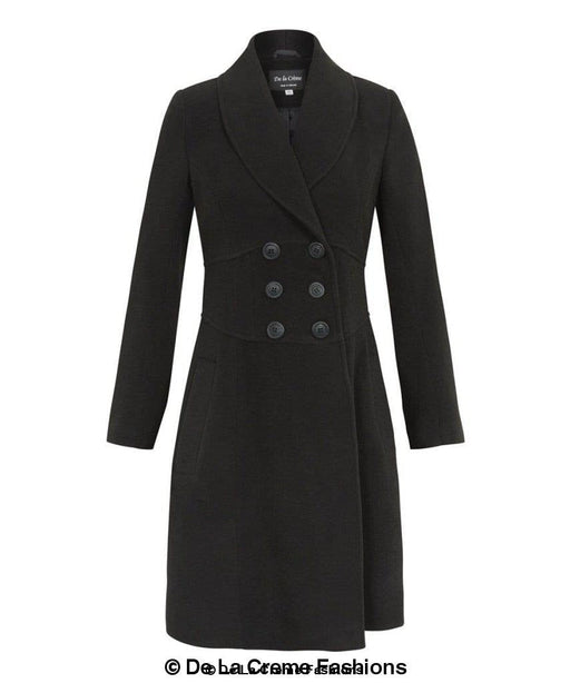 Double-Breasted Coat with V-Neckline and Side Pockets in Black, Bisque Charcoal, Red, and Wine