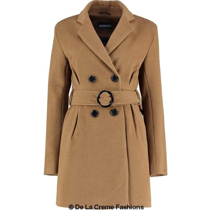 De La Creme - Womens Camel Textured Short Belted Coat - Samanta Factory