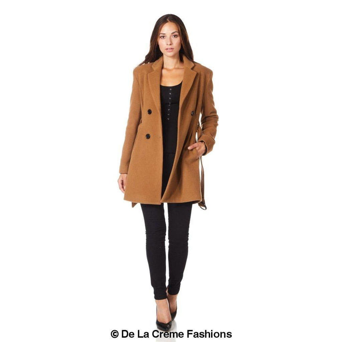 De La Creme - Womens Camel Textured Short Belted Coat - Samanta Factory