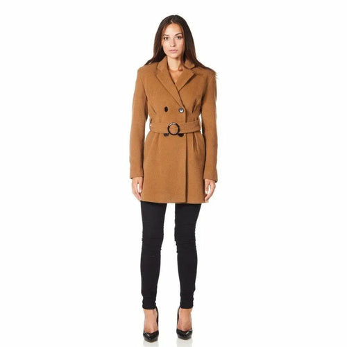 De La Creme - Womens Camel Textured Short Belted Coat - Samanta Factory