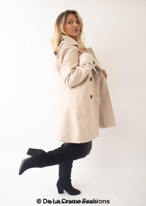 British-made wool-feel winter coat with detachable hood and double-breasted front in multiple colors