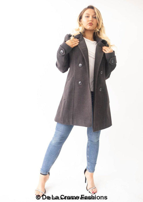 Womens Wool Feel Double Breasted Hooded Coat - Samanta Factory