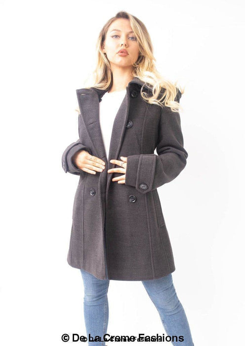 Womens Wool Feel Double Breasted Hooded Coat - Samanta Factory