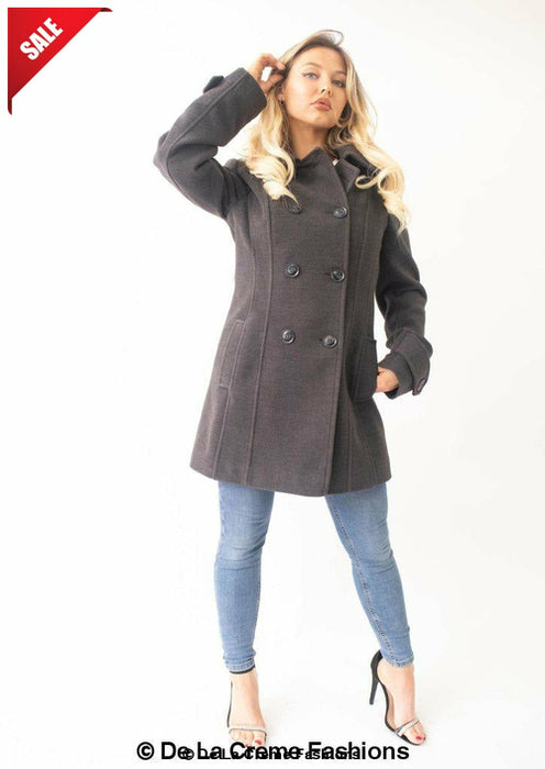 Womens Wool Feel Double Breasted Hooded Coat - Samanta Factory