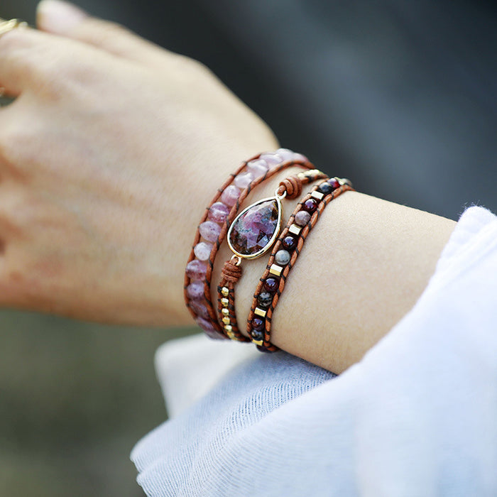 Geometrical Shape Triple-Layer Natural Stone Bracelet with Agate, Pyrite, and Crystal