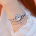 Sterling silver women's watch and bracelet set with rhinestones, round dial, and leather strap – elegant and affordable luxury