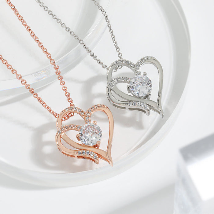 💖 DOUBLE LOVE CLAVICLE NECKLACE | Zircon Heart Chain ✨ Rose/White Gold (Under £10! Free Shipping) - Samanta Factory