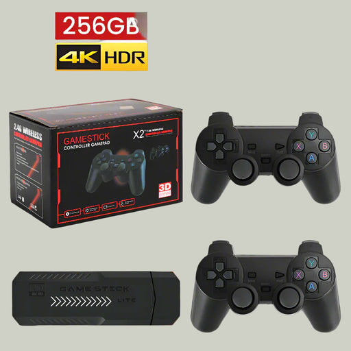 GD10 Plus retro game stick console with dual wireless controllers and 4K output