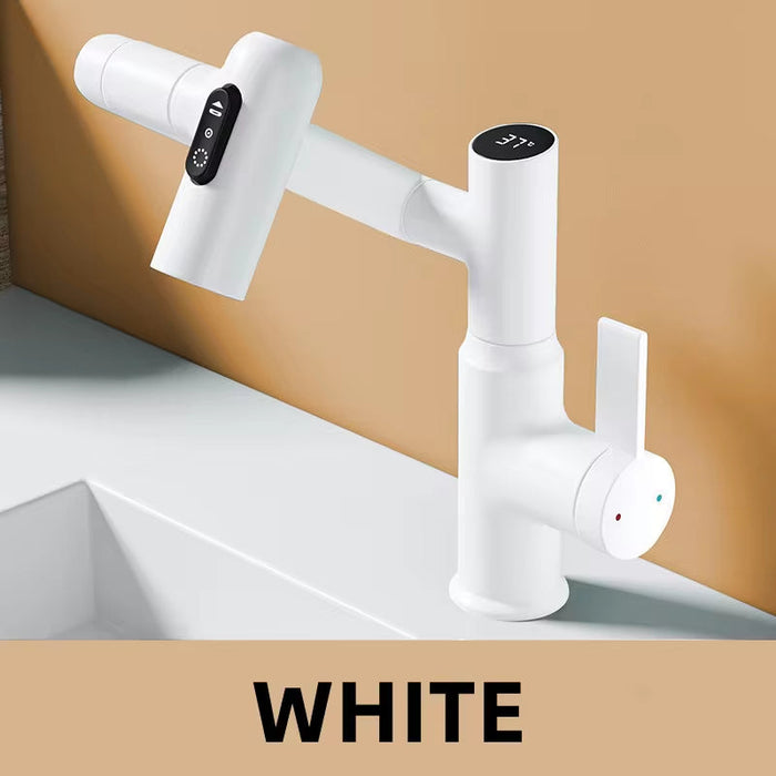 360-degree LED bathroom basin tap with digital temperature display in matte black finish.
