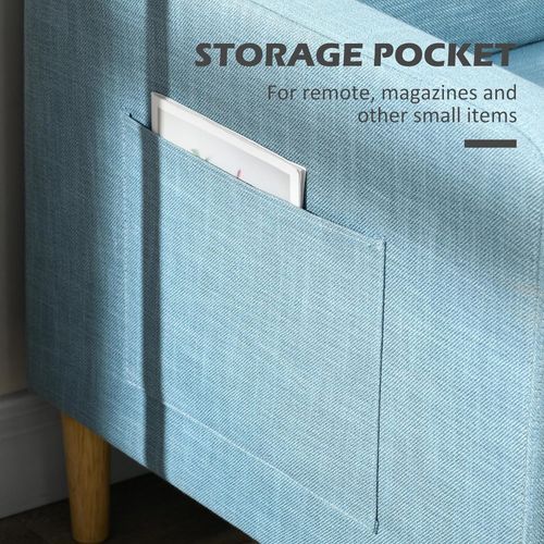 2-Seater Sofa | Modern Linen-Look Couch w/ Storage Pockets & Wood Legs - Blue - Samanta Factory