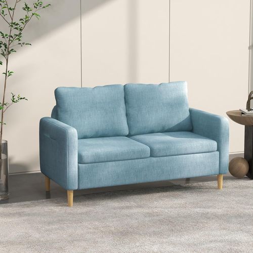 2-Seater Sofa | Modern Linen-Look Couch w/ Storage Pockets & Wood Legs - Blue - Samanta Factory