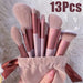 13-piece professional makeup brush set in green, pink, and yellow with soft synthetic fibers