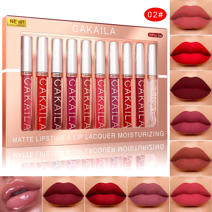 10Pcs/Set Nude Lip Gloss Matte Velvet Lipstick Waterproof Long-Lasting Liquid Lipstick Women Moist Lip Tint