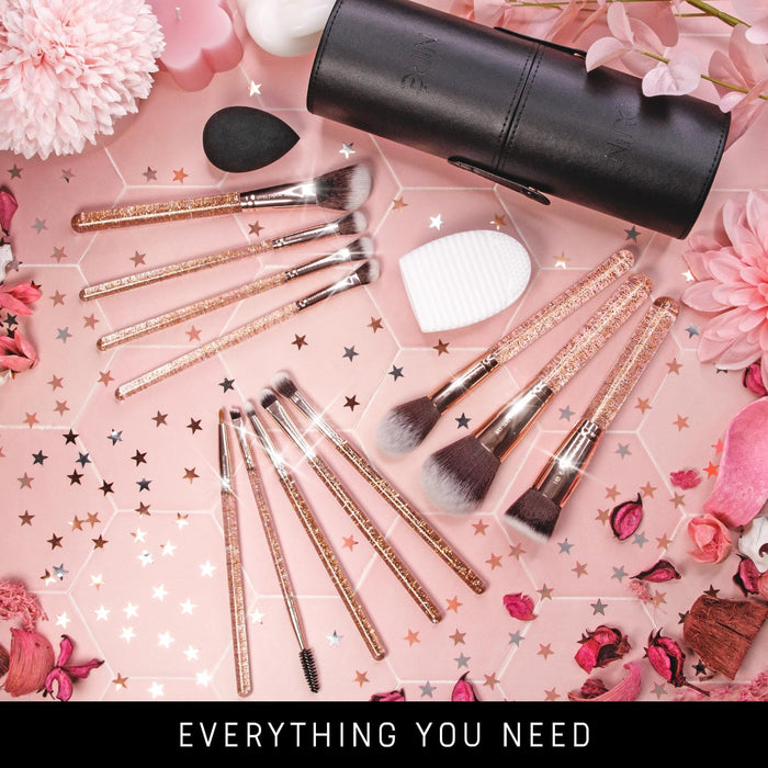 Beauty 15Piece Award Winning Glitter Makeup Brushes: Cute Makeup Brushes Set with Case, Beauty Blender, Cleaner, Guide, Gift Box