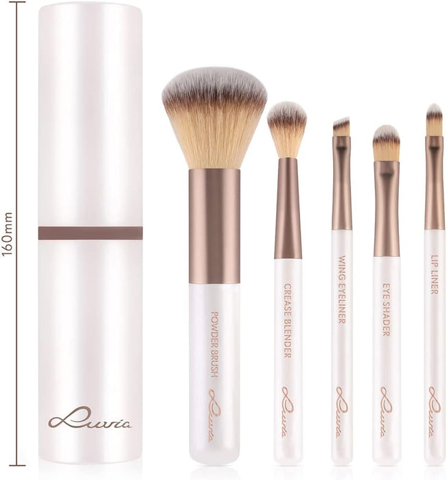 Luvia Makeup Brush Set, Travel Set, Macchiato, 5 Cosmetic Brushes Including Makeup Brush Storage, Black, Vegan (White/Macchiato)