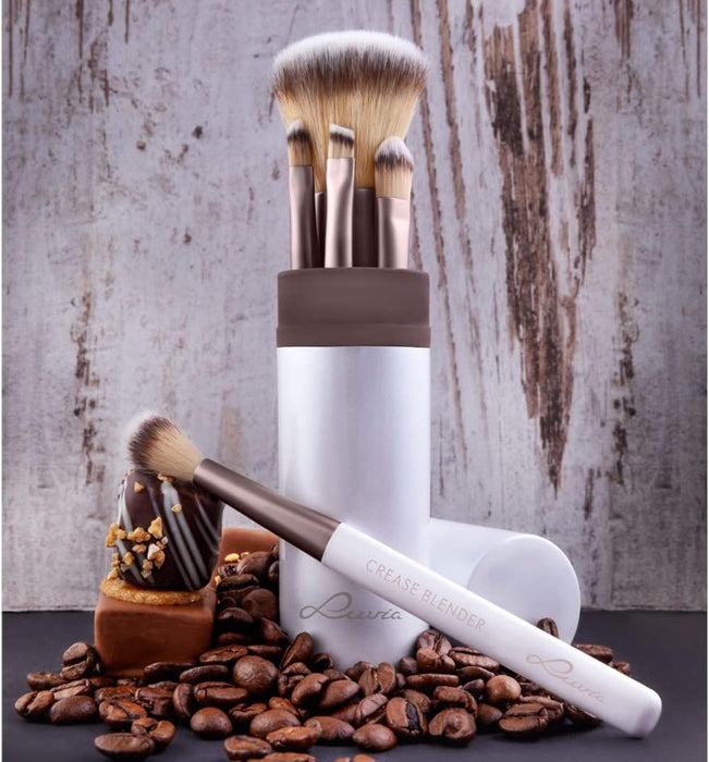 Luvia Makeup Brush Set, Travel Set, Macchiato, 5 Cosmetic Brushes Including Makeup Brush Storage, Black, Vegan (White/Macchiato)