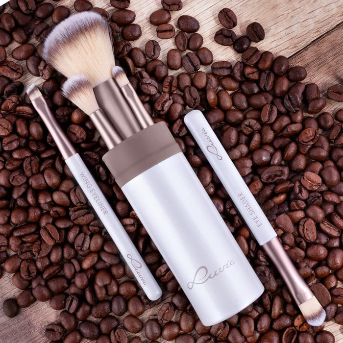 Luvia Makeup Brush Set, Travel Set, Macchiato, 5 Cosmetic Brushes Including Makeup Brush Storage, Black, Vegan (White/Macchiato)