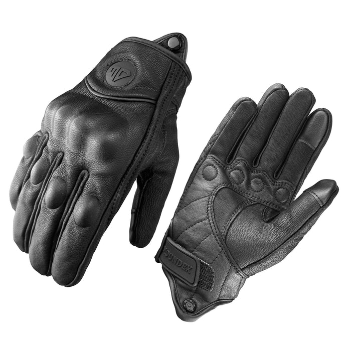 Black leather motorcycle gloves with knuckle protectors - winter riding gear UK