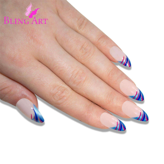 False Nails by Bling Art Glitter Blue 24 Almond Stiletto Long Fake - Samanta Factory