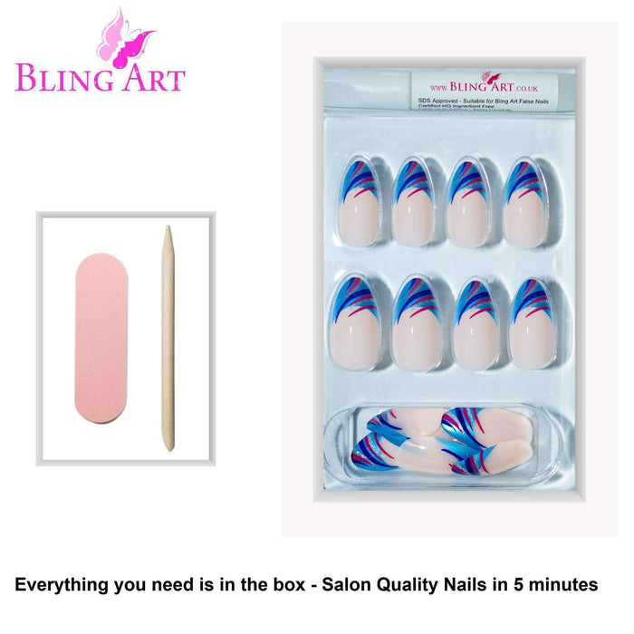 False Nails by Bling Art Glitter Blue 24 Almond Stiletto Long Fake - Samanta Factory