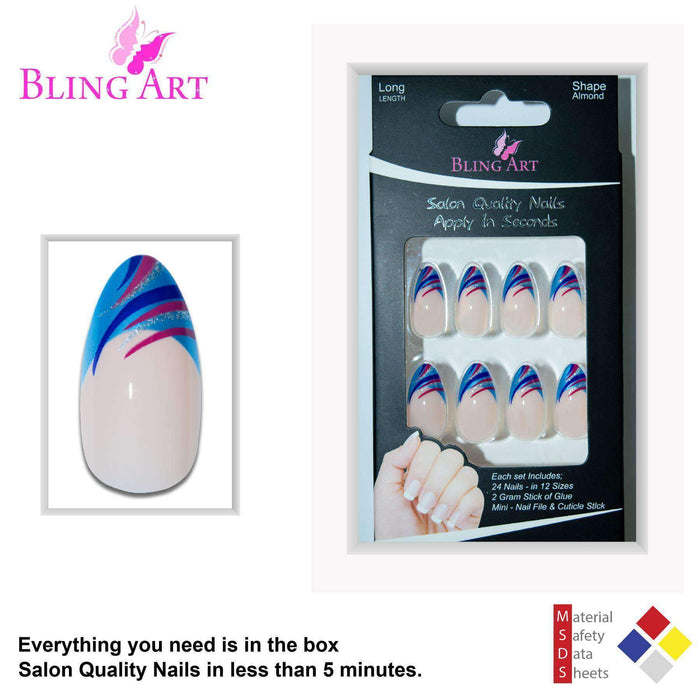 False Nails by Bling Art Glitter Blue 24 Almond Stiletto Long Fake - Samanta Factory