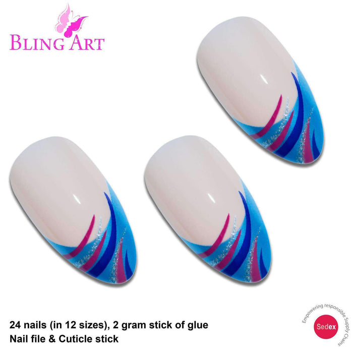 False Nails by Bling Art Glitter Blue 24 Almond Stiletto Long Fake - Samanta Factory