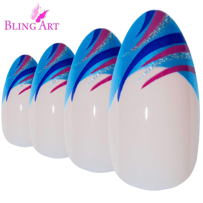 False Nails by Bling Art Glitter Blue 24 Almond Stiletto Long Fake - Samanta Factory