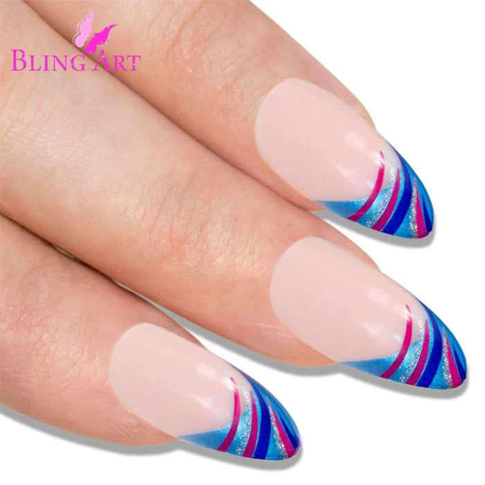 False Nails by Bling Art Glitter Blue 24 Almond Stiletto Long Fake - Samanta Factory