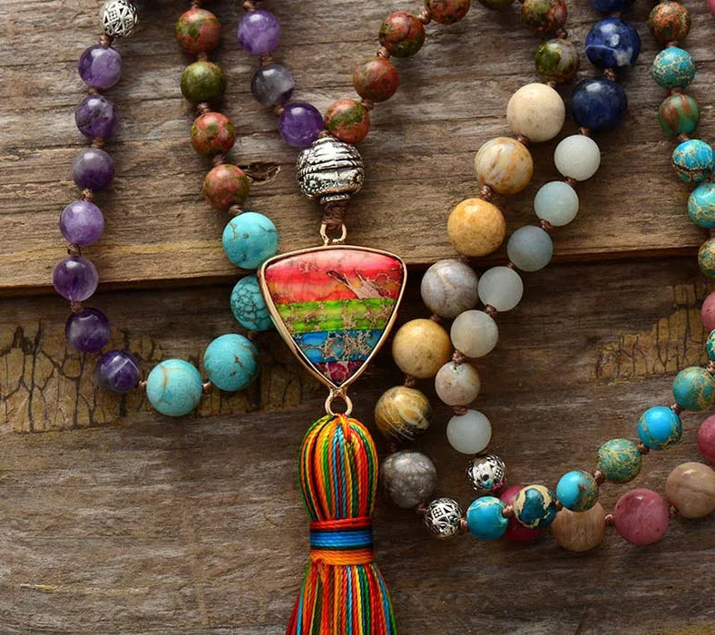 7 Chakra Triangle Charm Tassel Necklace - Samanta Factory
