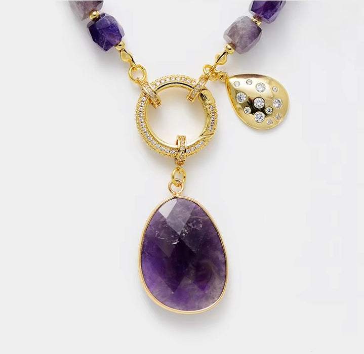 Handmade amethyst crystal necklace with gold-plated adjustable chain for spiritual healing
:
