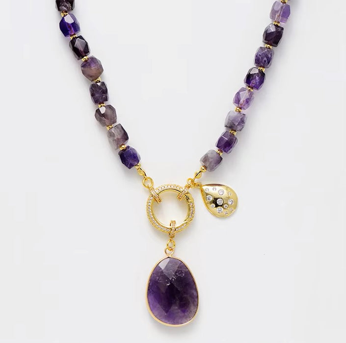 Amethyst Necklace – 30" Boho Crystal Pendant w/ Gold Chain! 💎✨ - Samanta Factory