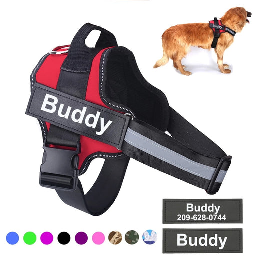 Escape-proof personalised dog harness with embroidered name patch and reflective trim
