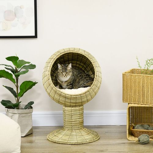 PawHut Raised Cat House, Natural Mat Grass Cat Bed w/ Stand Cushion, 41x 69 cm - Samanta Factory