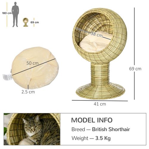 PawHut Raised Cat House, Natural Mat Grass Cat Bed w/ Stand Cushion, 41x 69 cm - Samanta Factory