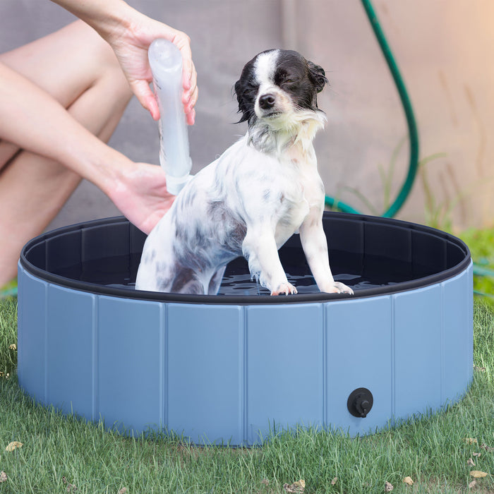 Foldable pet pool for dogs with wooden frame and splash-resistant PVC walls