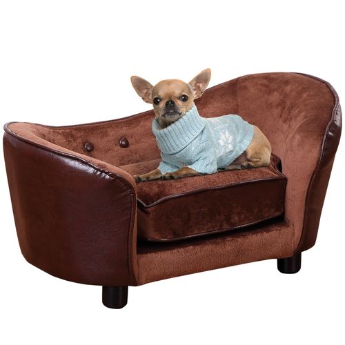 Miniature dog and cat sofa with raised wooden frame and plush brown flannel cushionSamanta Factory