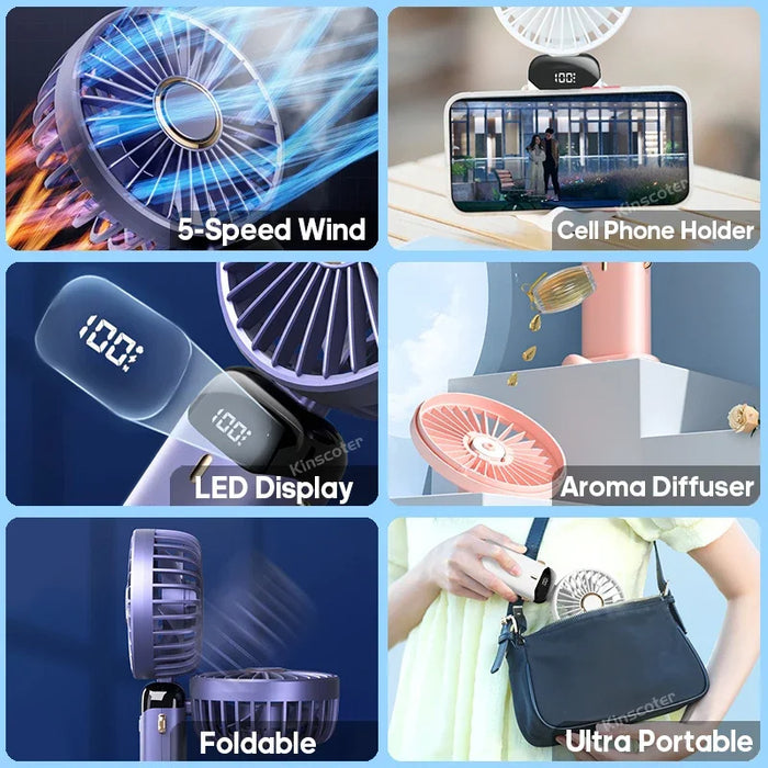 USB Rechargeable Mini Portable Handheld Electric Fan Foldable Neck Hanging Outdoor Fan Adjustable 5 Speed Powerful Air Cooler - Samanta Factory