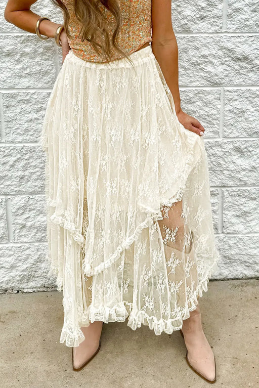 Women's lace tiered midi skirt in semi-sheer fabric with romantic detailing