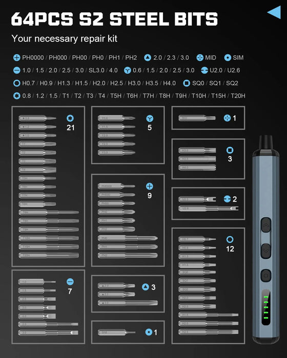 Electric precision screwdriver set with 64 bits, magnetic case, torque control, and USB-C charging