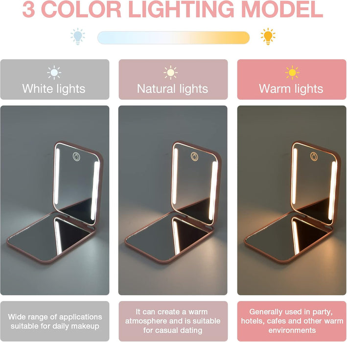 Rechargeable LED Compact Makeup Mirror with 1X/3X Magnification, Dimmable 3 Color Temperature, 400mAh Battery, Portable Travel Design, Ideal Gift for Women, Pink