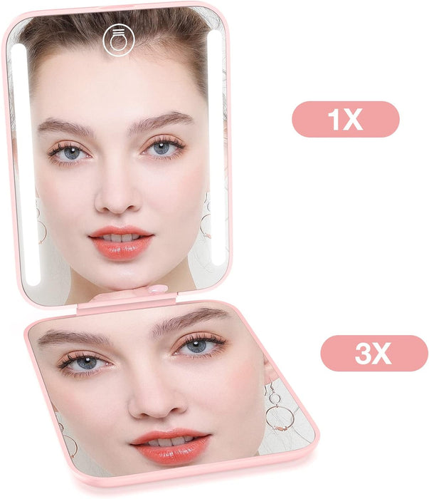 Rechargeable LED Compact Makeup Mirror with 1X/3X Magnification, Dimmable 3 Color Temperature, 400mAh Battery, Portable Travel Design, Ideal Gift for Women, Pink